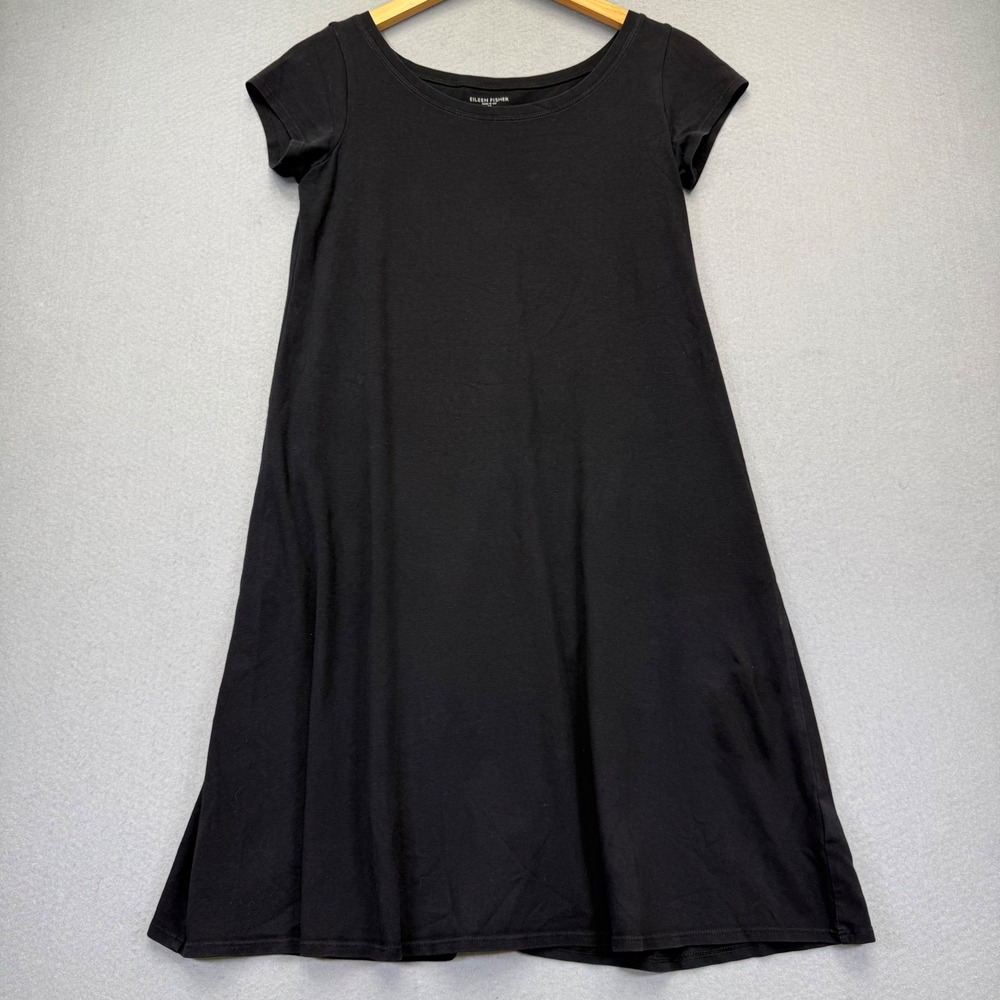 Eileen Fisher Black Organic Cotton Lycra A-Line T-Shirt Dress Womens XS USA Made